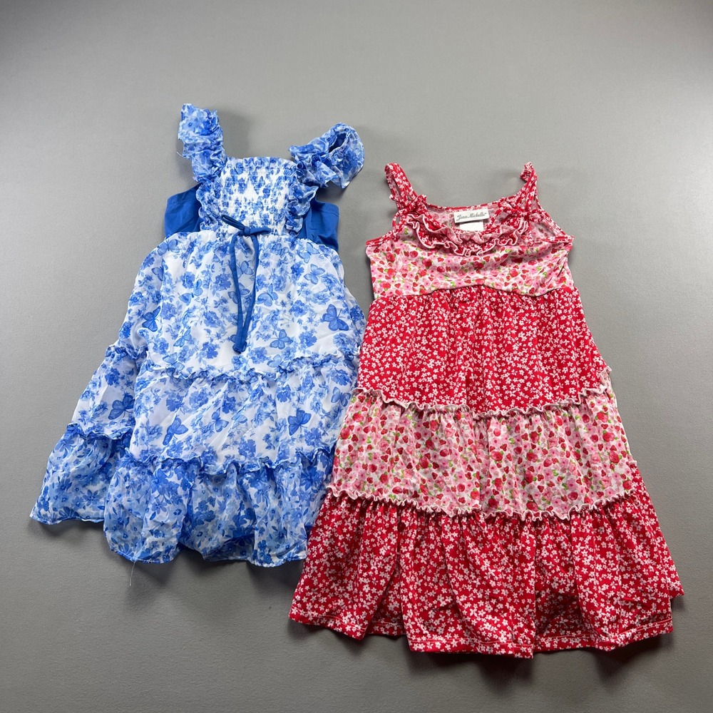 Set Of 2 Jona Michelle Sundress Girls 6 Blue Red Butterfly Floral Smocked Bodice